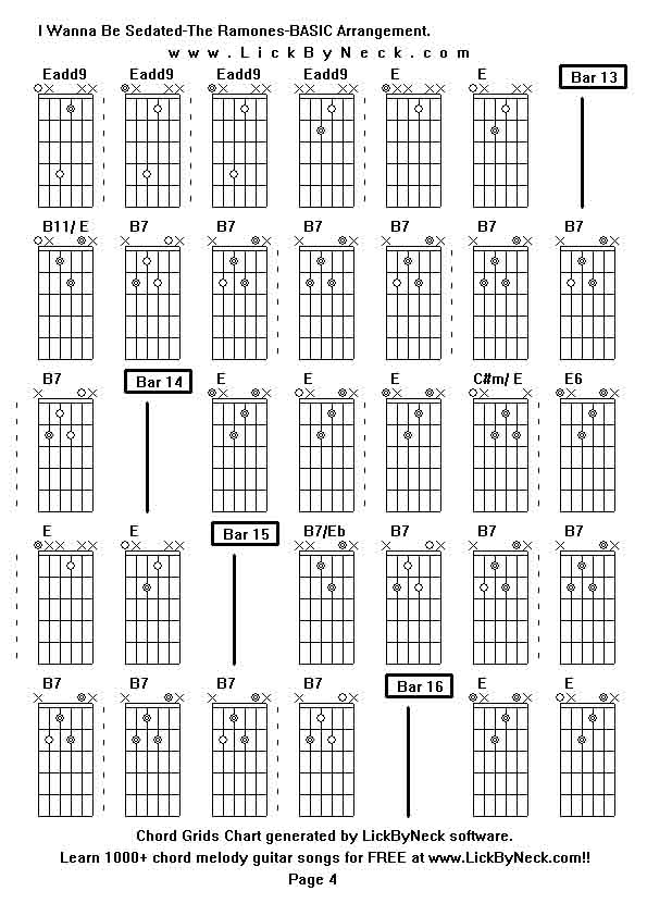 Chord Grids Chart of chord melody fingerstyle guitar song-I Wanna Be Sedated-The Ramones-BASIC Arrangement,generated by LickByNeck software.